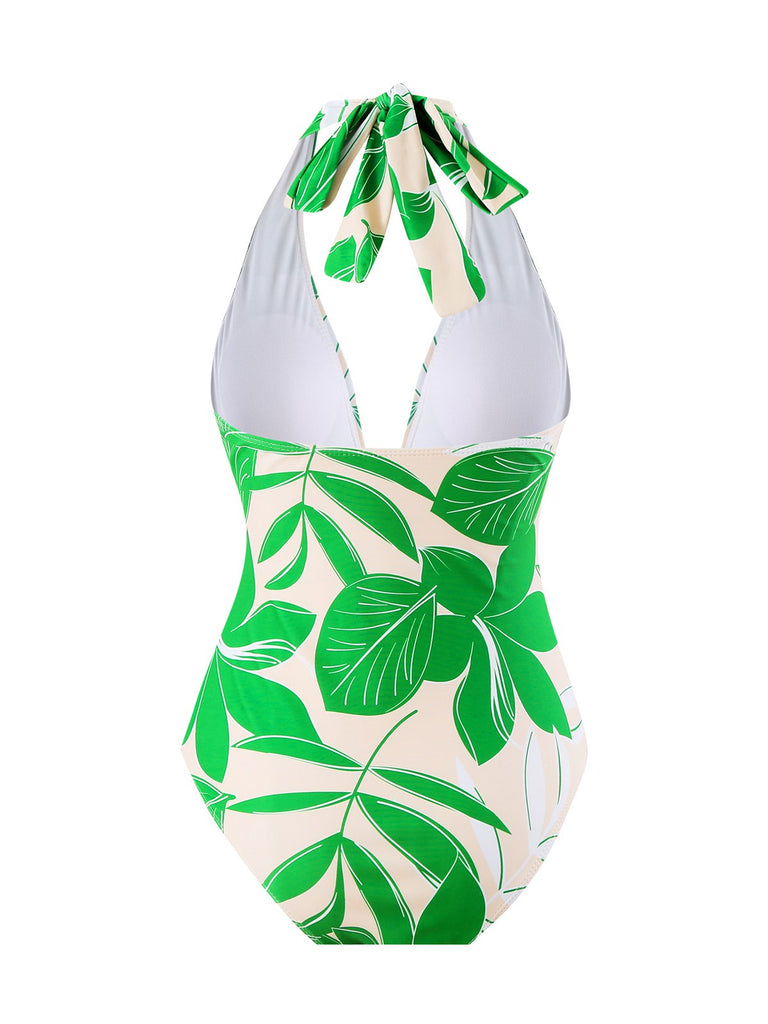 Green 1960s Plant Prints Halter One-Piece Swimsuit: 1960s Riviera elegance, reimagined for her