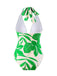 Green 1960s Plant Prints Halter One-Piece Swimsuit: 1960s Riviera elegance, reimagined for her