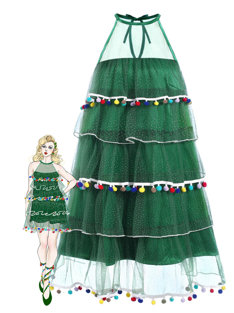 Green 1960s Pom-Pom Christmas Tree Dress: where 1960s romance meets her modern spirit
