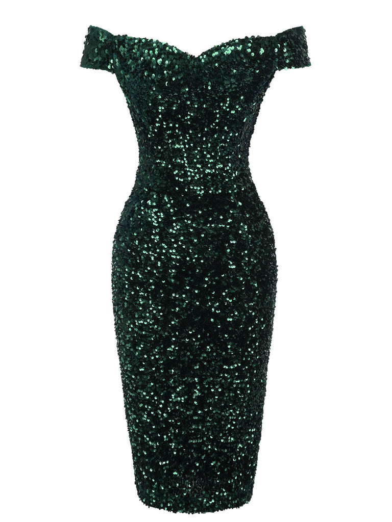 Green 1960s Sequins Off-Shoulder Pencil Dress — vintage elegance for the modern woman