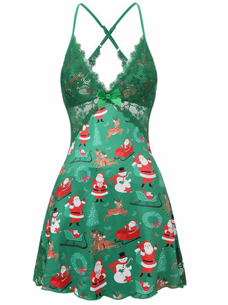 Green 1960s Slip Christmas Print Bow Nightgown - vintage nightgown, retro sleepwear