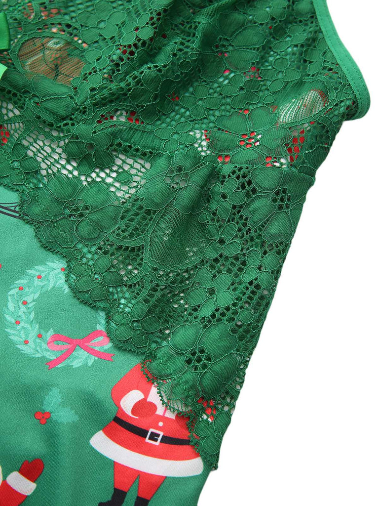 Green 1960s Slip Christmas Print Bow Nightgown - vintage nightgown, retro sleepwear