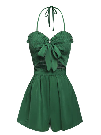 Green 1960s Smocked Sweetheart Neck Halter Romper, vintage romper, retro jumpsuit - perfect for women who love vintage and retro fashion