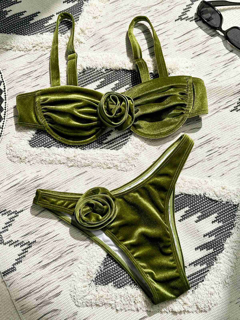Green 1960s Solid Velvet 3D Rose Bikini Set - vintage fashion, retro style