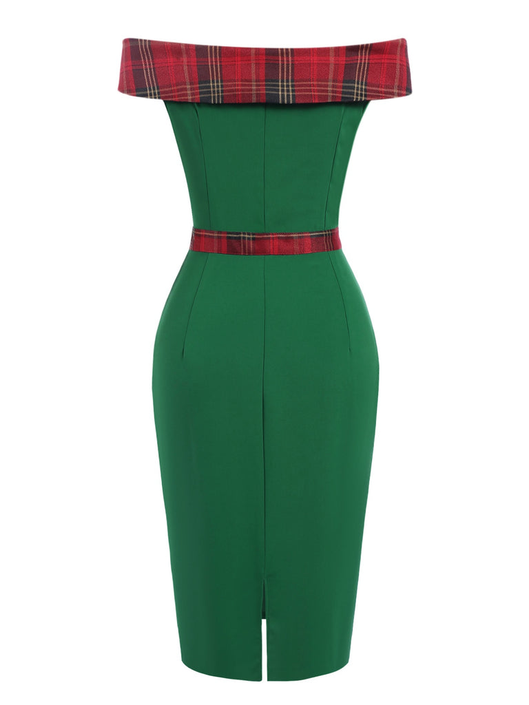 Green 1960s Tartan Patchwork Off-Shoulder Dress — the kind of 1960s dress that makes strangers smile