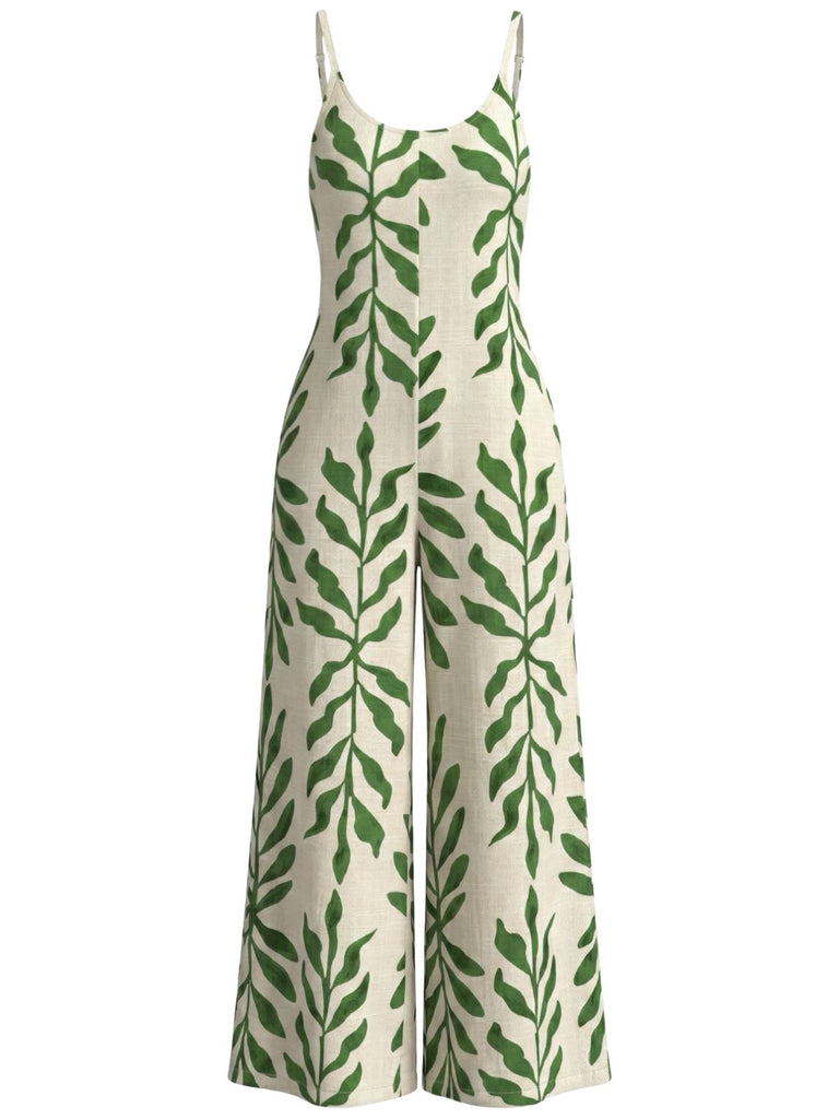 Green 1960s Tropical Leaf Print Spaghetti Strap Wide-Leg Jumpsuit - vintage romper, retro jumpsuit for vintage lovers