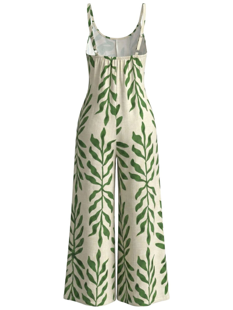 Green 1960s Tropical Leaf Print Spaghetti Strap Wide-Leg Jumpsuit - vintage romper, retro jumpsuit for vintage lovers