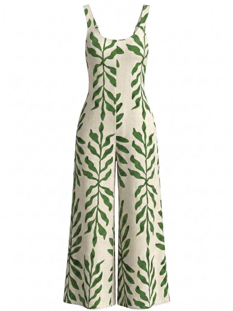 Green 1960s Tropical Leaf Print Spaghetti Strap Wide-Leg Jumpsuit, vintage romper, retro jumpsuit - perfect for women who love vintage and retro fashion