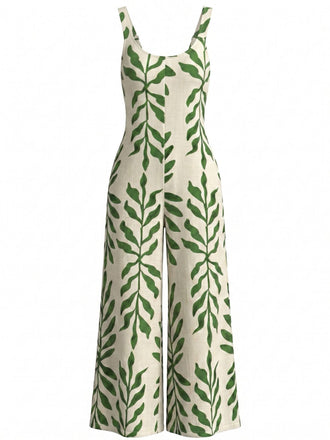 Green 1960s Tropical Leaf Print Spaghetti Strap Wide-Leg Jumpsuit, vintage romper, retro jumpsuit - perfect for women who love vintage and retro fashion