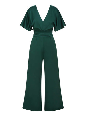 She finds her 1960s story in this Green 1960s V-Neck High Waist Wide-Leg Jumpsuit