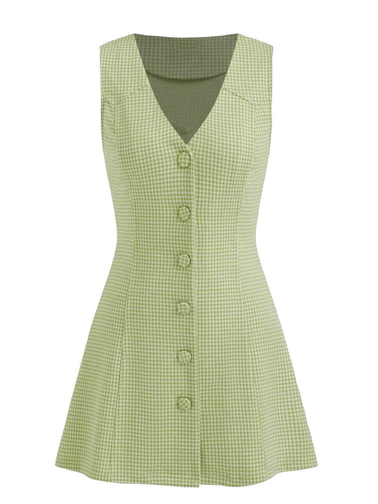 Green 1960s V-Neck Houndstooth Sleeveless Dress - vintage dress, retro fashion
