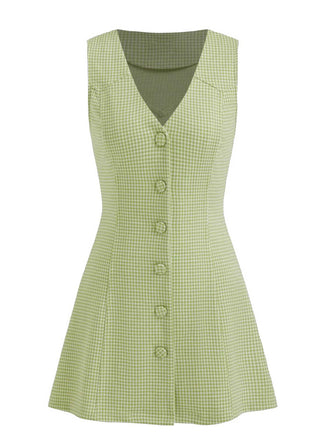 Green 1960s V-Neck Houndstooth Sleeveless Dress - vintage dress, retro fashion
