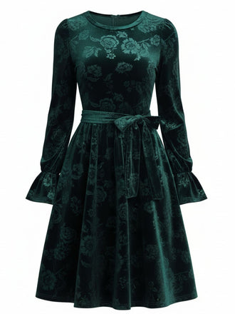 Green 1960s Velvet Rose Jacquard Dress - vintage dress, retro fashion