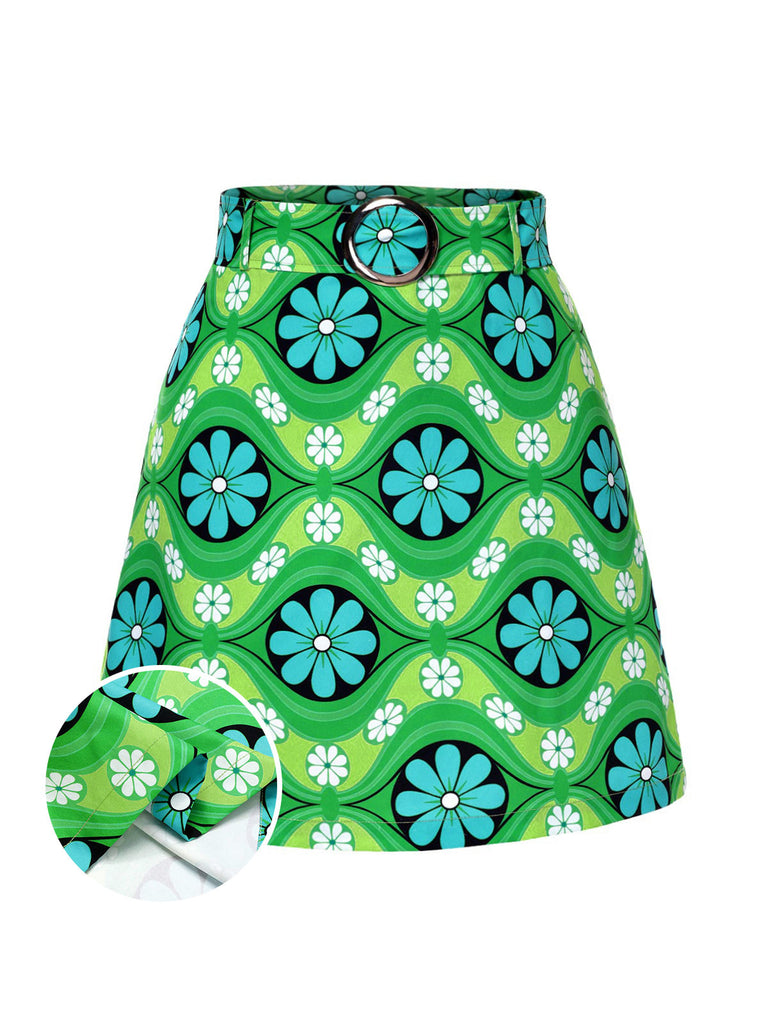 She sways in this Green 1960s Vintage Floral Belted Mini Skirt and it's pure 1960s magic