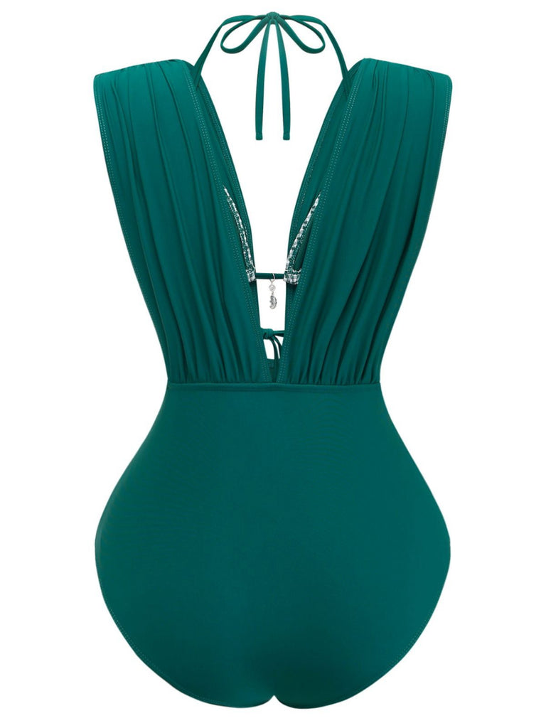 Green-1960s-plaid-halter-bikini-top-plunging-ruched-swimsuit-back-view