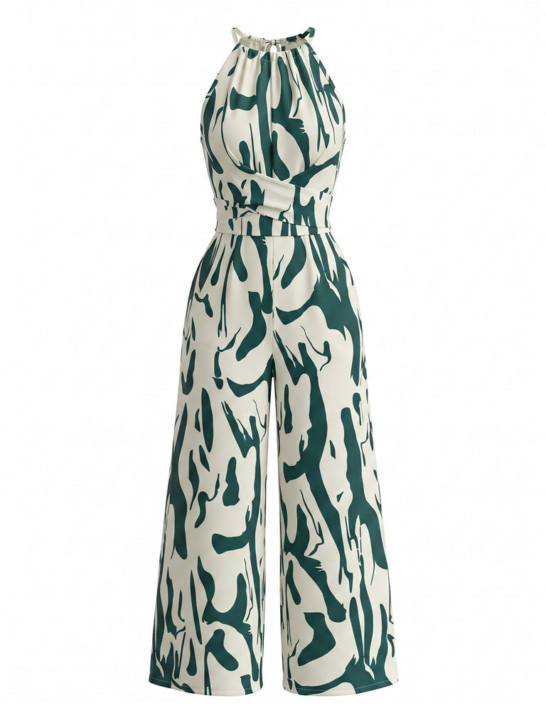 Green 1950s Floral Halter Vintage Jumpsuit
