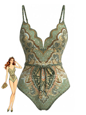 Green 1970s Bohemia Petal Collar One-Piece Swimsuit - vintage swimsuit, pin-up swimwear for vintage lovers