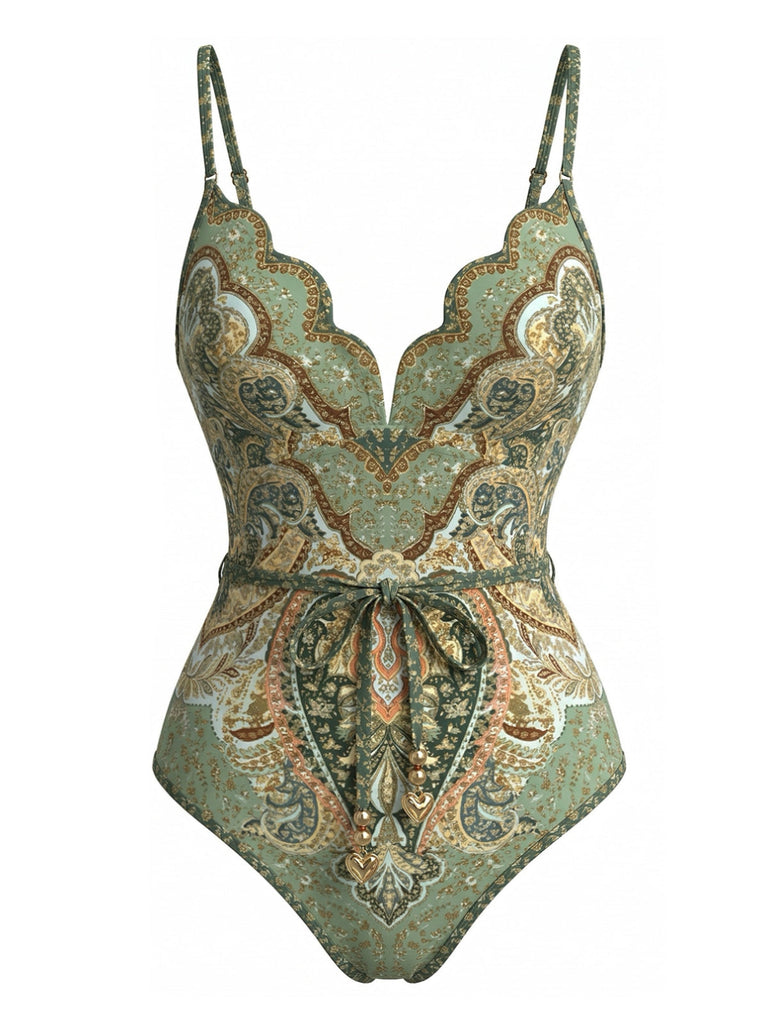 Green 1970s Bohemia Petal Collar One-Piece Swimsuit - vintage swimsuit, pin-up swimwear for vintage lovers