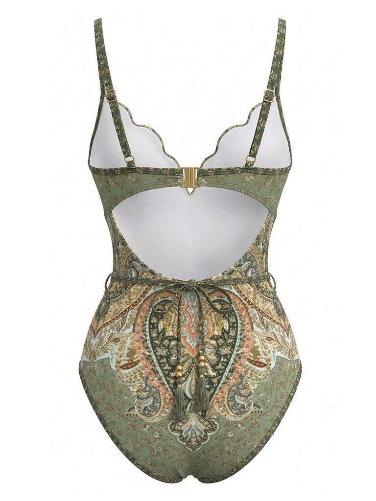 Green 1970s Bohemia Petal Collar One-Piece Swimsuit - vintage swimsuit, pin-up swimwear for vintage lovers