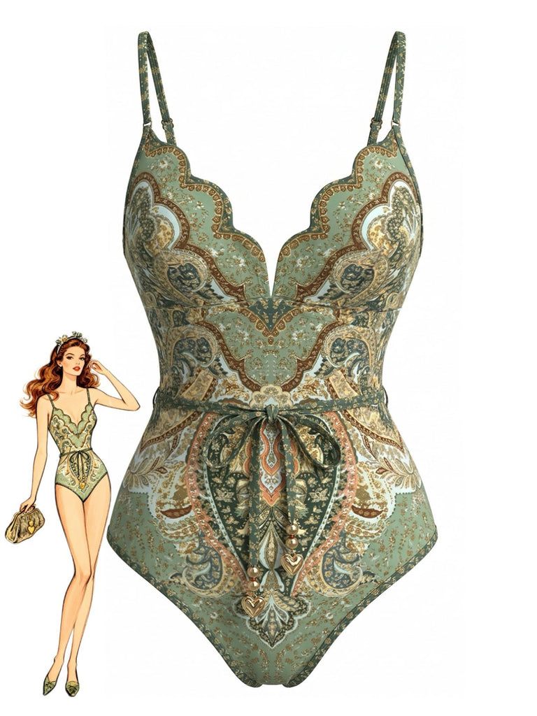 Green 1970s Bohemia Petal Collar One-Piece Swimsuit, vintage swimsuit, pin-up swimwear - perfect for women who love vintage and retro fashion