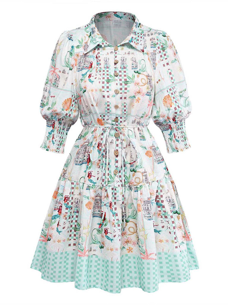 Green-1970s-Coastal-Puff-Sleeve-Shirt-Dress, vintage, retro, dress