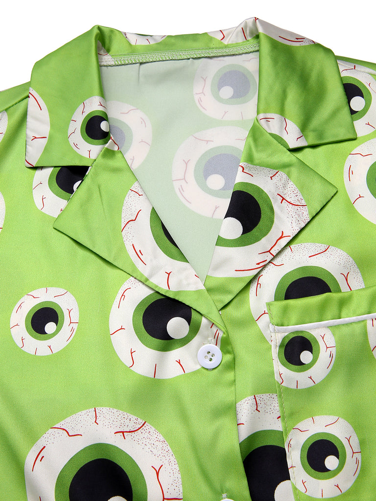 Green 1970s Halloween Eyeball Lapel Pajama Set, vintage fashion, retro style - perfect for women who love vintage and retro fashion