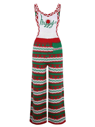 She finds her 1970s story in this Green 1970s Happy Christmas Straps Knitted Jumpsuit
