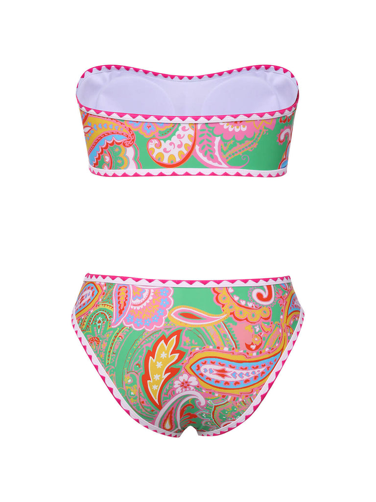 This Green 1970s Hippie Print Bandeau Bikini carries 1970s vacation dreams in every stitch