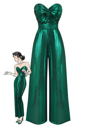 Green 1970s Knotted Cut-Out Glossy Jumpsuit - vintage jumpsuit, retro fashion