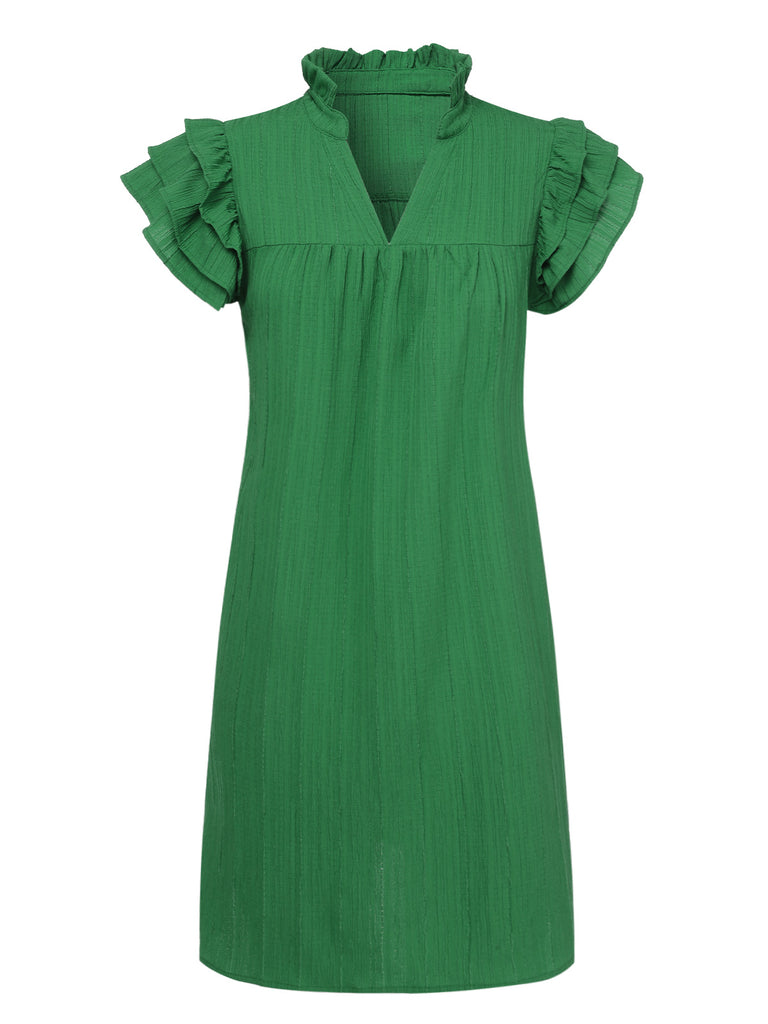 Green 1970s Solid Stand Collar Flounce Sleeve Dress, vintage dress, retro fashion - perfect for women who love vintage and retro fashion
