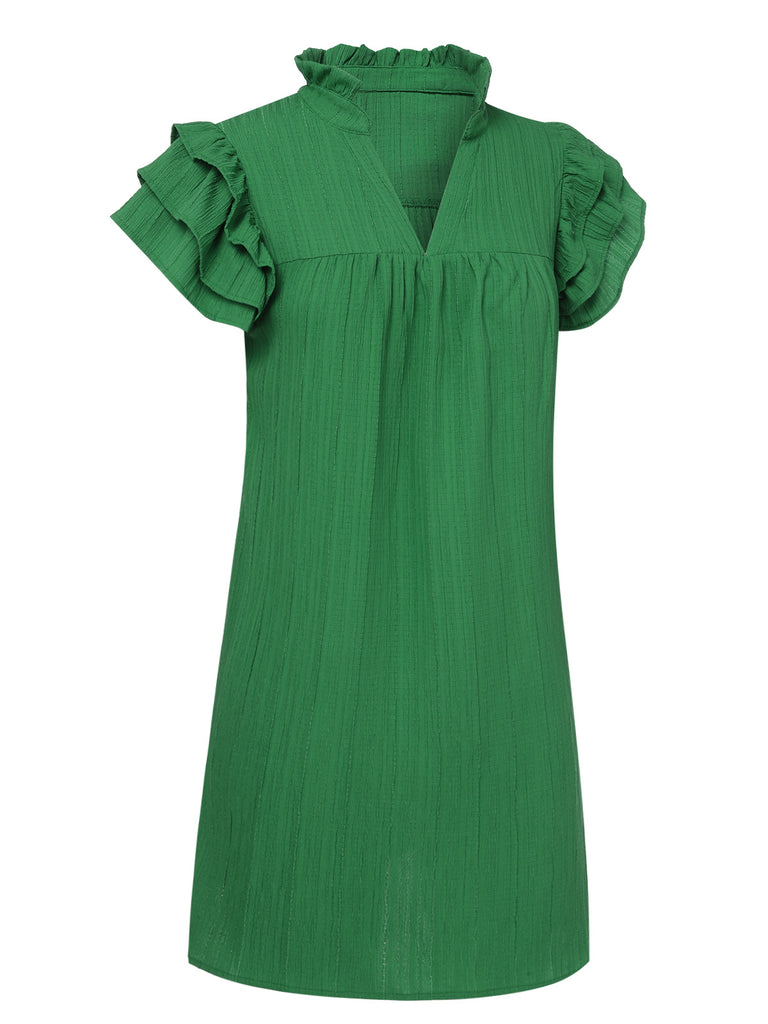 Green 1970s Solid Stand Collar Flounce Sleeve Dress, vintage dress, retro fashion - perfect for women who love vintage and retro fashion