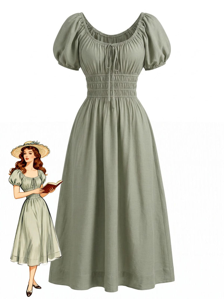 Green 1970s Square Neck Puff Sleeve Boho Dress - vintage dress, retro fashion for vintage lovers