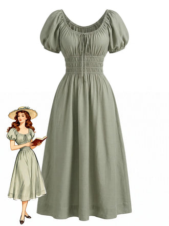 Green 1950s Square Neck Puff Sleeve Boho Dress