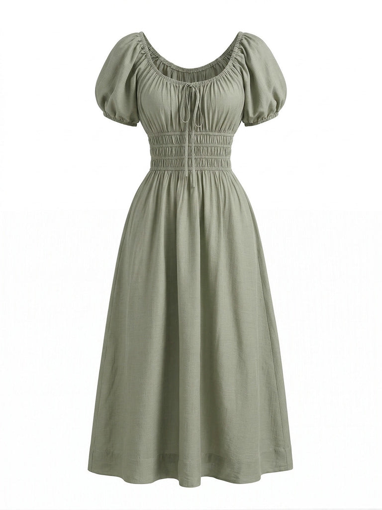 Green 1970s Square Neck Puff Sleeve Boho Dress - vintage dress, retro fashion for vintage lovers