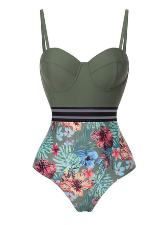Green 1970s Tropical Patchwork Strap Swimsuit, vintage swimsuit, pin-up swimwear - perfect for women who love vintage and retro fashion