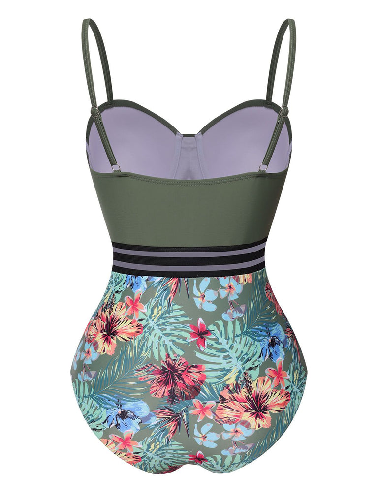 Green 1970s Tropical Patchwork Strap Swimsuit, vintage swimsuit, pin-up swimwear - perfect for women who love vintage and retro fashion