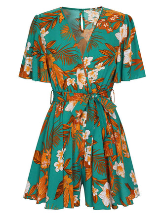 Green 1970s V-Neck Ruffle Sleeves Romper, vintage romper, retro jumpsuit - perfect for women who love vintage and retro fashion