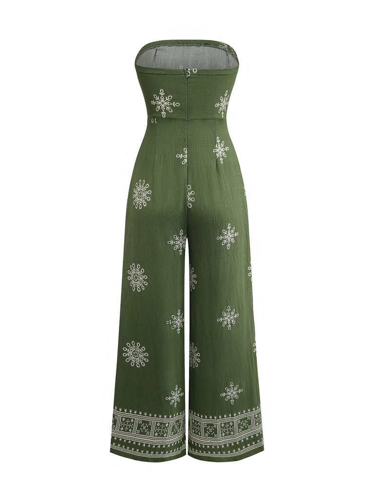Green 1970s Wide-Legs Bohemian Bandeau Jumpsuit: timeless 1970s elegance she makes her own