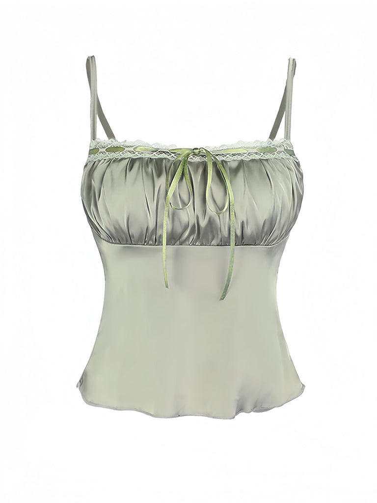 Green 1970s Satin Ruched Bust Slip Cami Top - vintage fashion, retro style