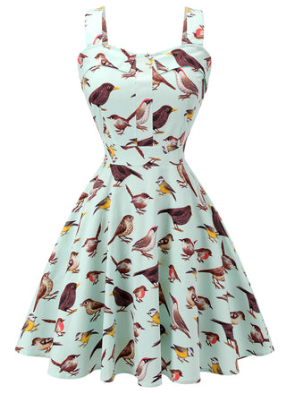 Green 1980s Bird Square Collar Sleeveless Dress: timeless style reimagined