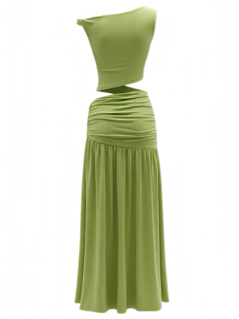 Green 2PCS 1930s Off-Shoulder Top & Slit Ruched Maxi Skirt-back-view