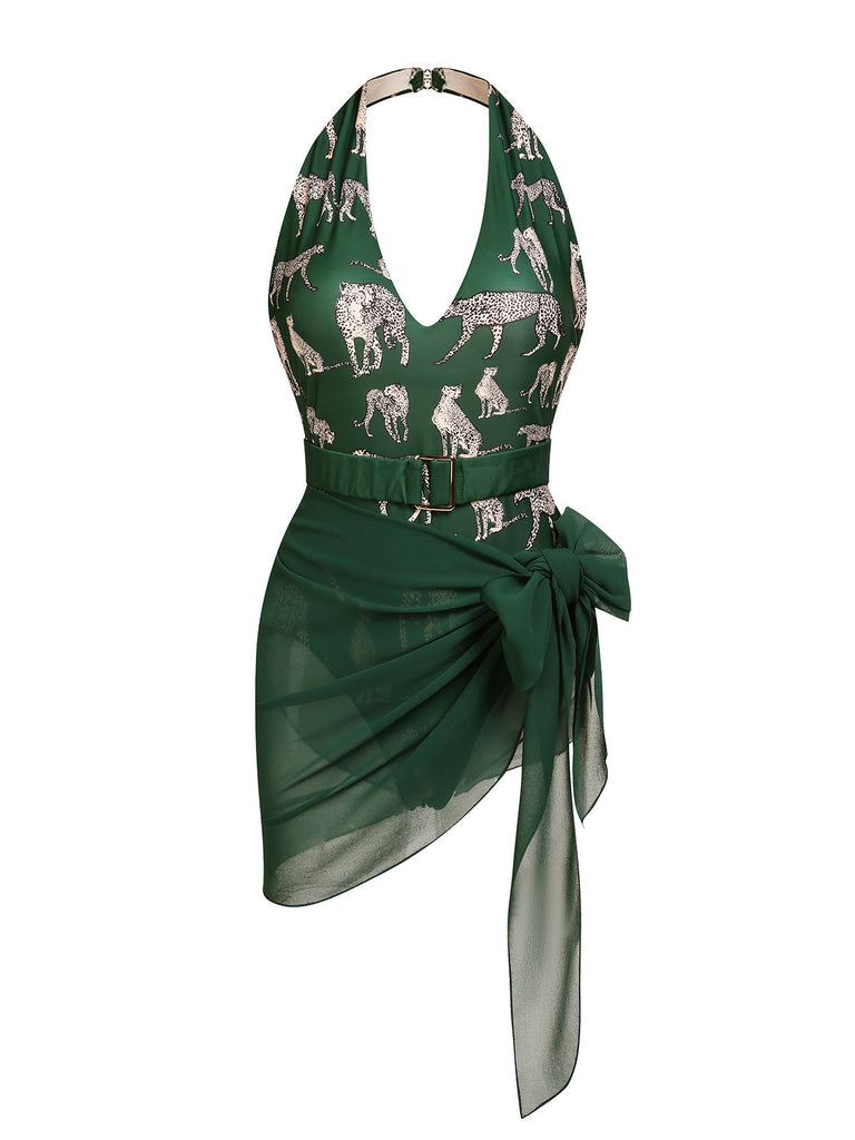 Green Jaguar Vintage Halter One-piece Swimsuit — vintage elegance for the modern woman