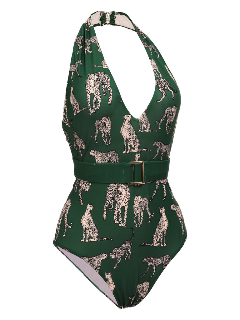 Green Jaguar Vintage Halter One-piece Swimsuit: timeless style reimagined