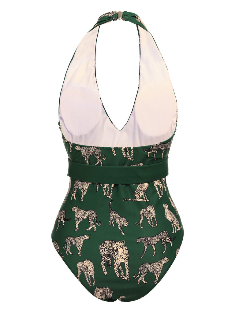 Green Jaguar Vintage Halter One-piece Swimsuit — vintage elegance for the modern woman