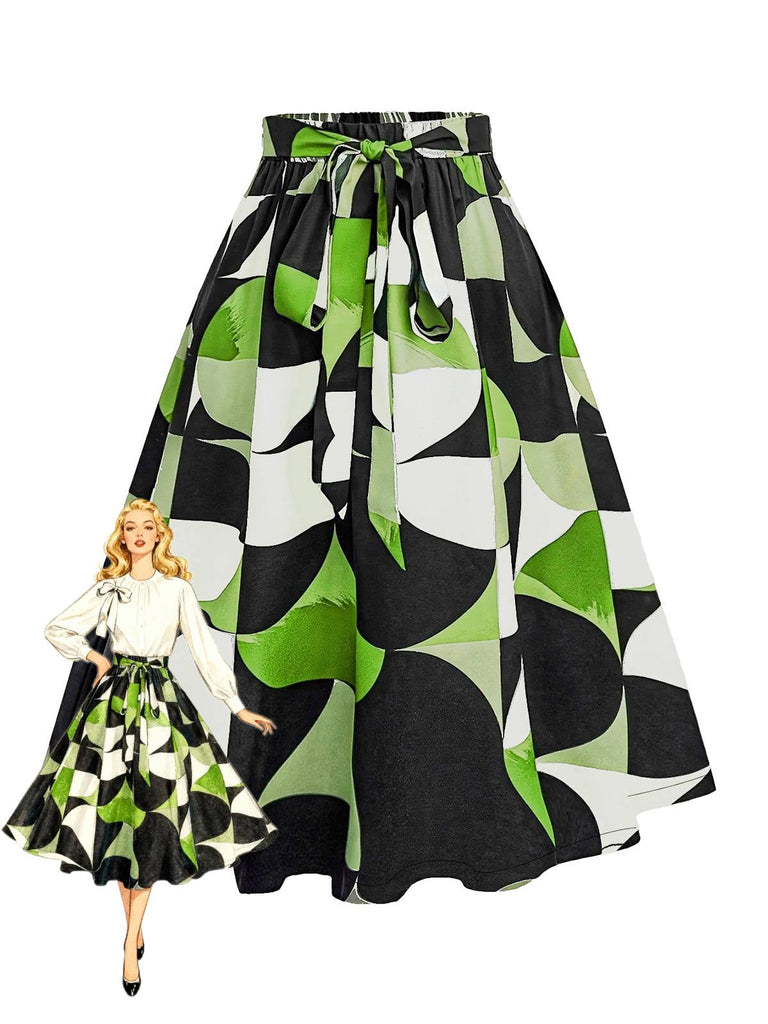 Green and black patterned skirt with a model wearing it on a white background