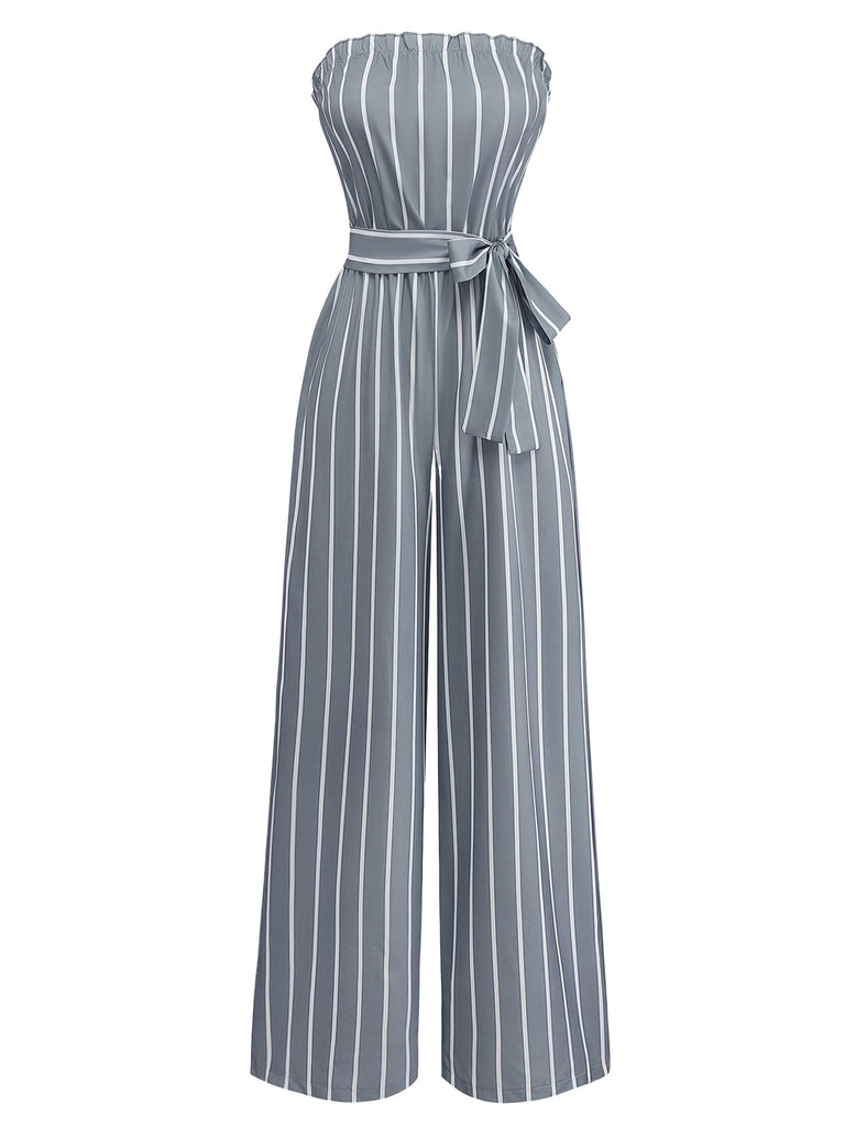 Grey 1930s Strapless Striped Belted Jumpsuit - vintage jumpsuit, retro fashion