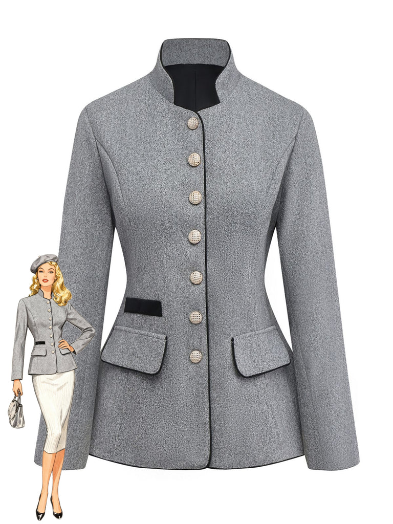 Grey 1940s Faux-Wool Stand Collar Buttons Jacket - vintage fashion, retro style