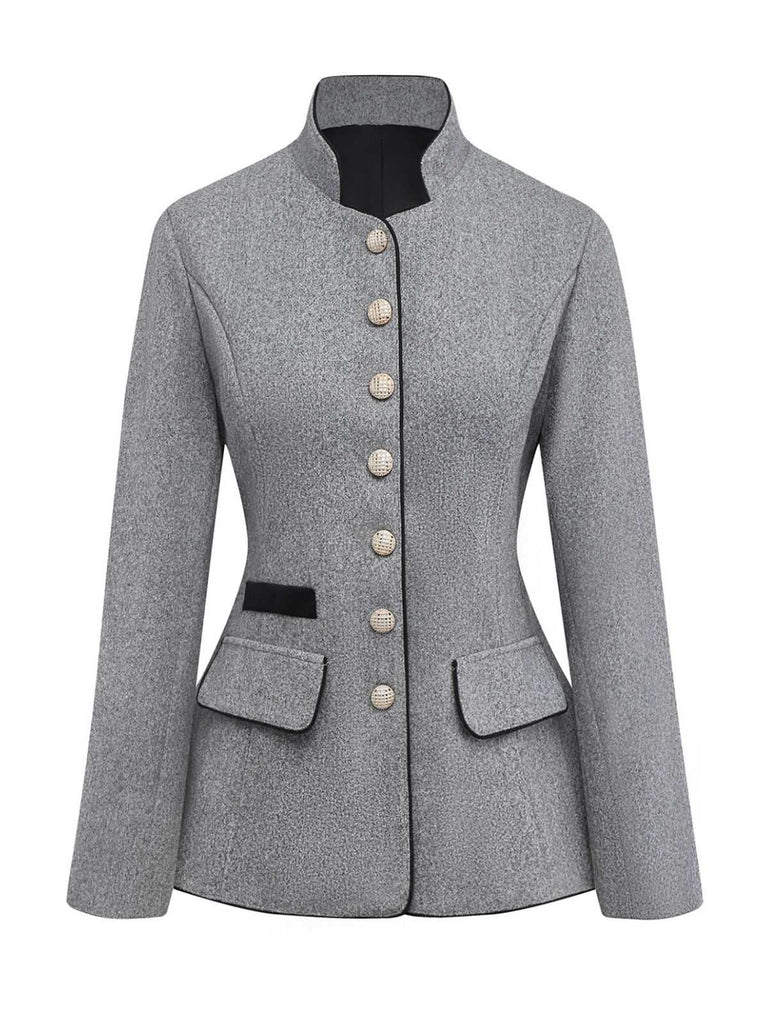 Grey 1940s Faux-Wool Stand Collar Buttons Jacket - vintage fashion, retro style