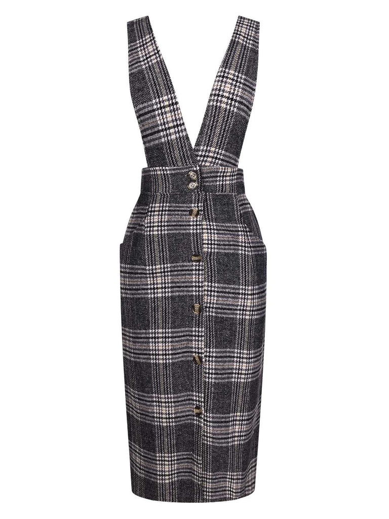 She slips into this Grey 1960s Button Plaid Pinafore Dress and suddenly it's a 1960s daydream