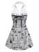 Grey 1960s Newspaper Print Halter V-Neck Dress: beautiful vintage dress, retro fashion, elegant style with timeless appeal